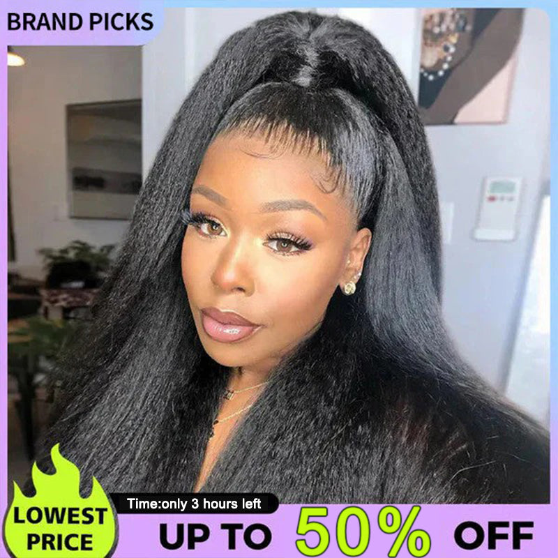Sale Happening Now: 50% OFF – Pre-Cut Lace Kinky Straight 360 Full Lace Frontal Glueless Wig with a Hidden Adjustable Fit System, Pre-Plucked Human Hair Wig