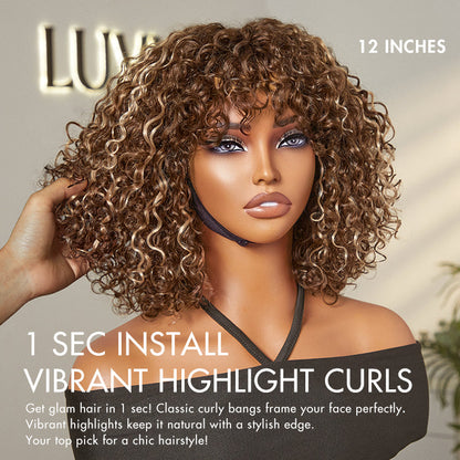 Beginner Friendly Water Wave Minimalist Lace Glueless Short Curly Wig with Bangs