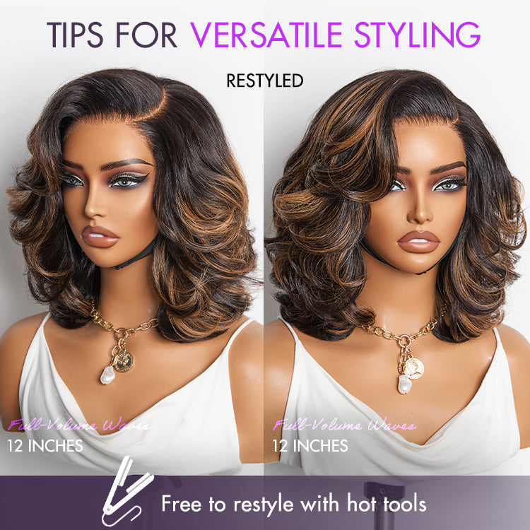 Brown Highlight Layered Wavy Butterfly Haircut Glueless Minimalist HD Lace Wig Pre-Cut Lace
