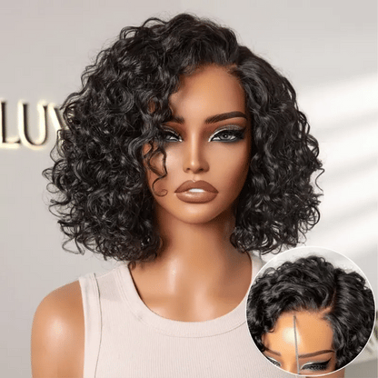 Ready to Go Blonde Highlight / Natural Black / Ombre Brown Water Wave Short Curly Bob Wig Glueless Minimalist HD Lace Wig Pre-Cut Lace