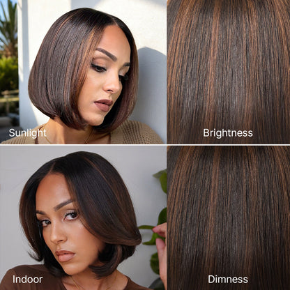 Blonde Highlight / Brown Highlight Short Layered Bob Wig Glueless 5x5 Closure Pre-Cut Lace Wig