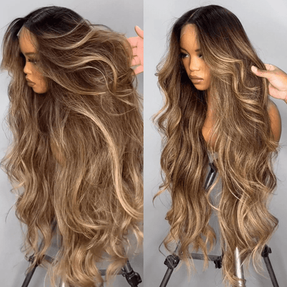 Highlight Blonde Color 13×4 / 7x5 Lace Long Wavy Human Hair Wigs Ombre Blonde Balayage Lace Front Wigs