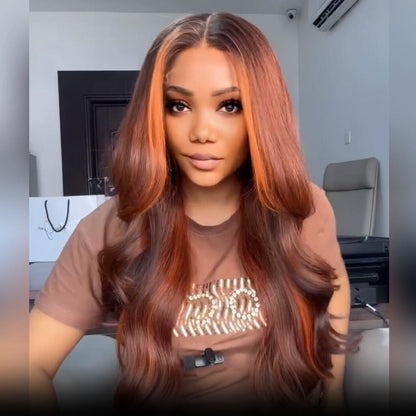 Geeta Dark Brown Highlight Body Wave HD Lace Front Wig Copper Color Face Frame Highlights Human Hair Wigs