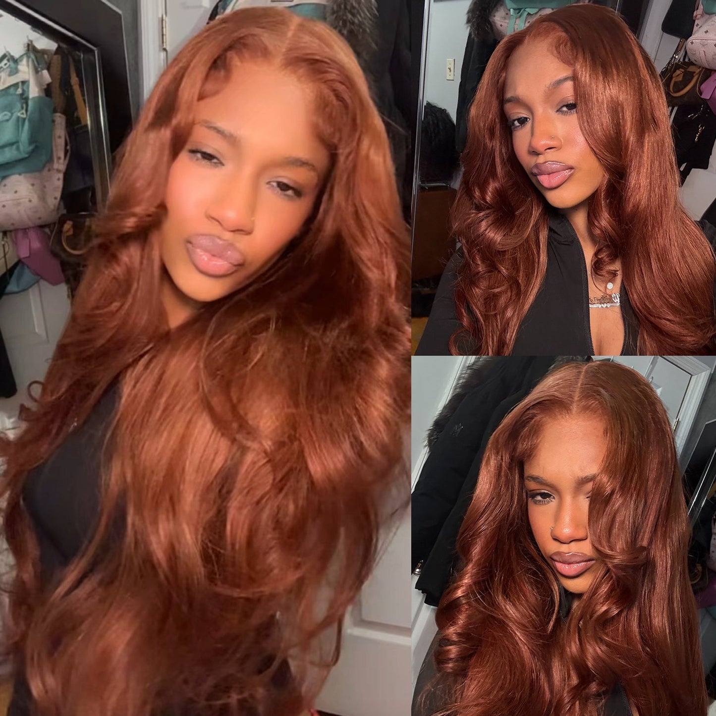 Full 300% Density Cooper Brown Human Hair Glueless Lace Closure/Front Colored Loose Wave Wig