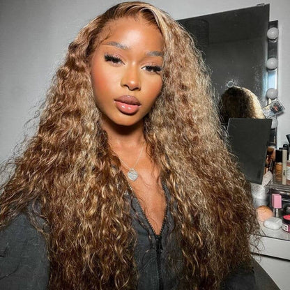 Honey Blonde Highlight Water Wave 13x4 Lace Front / 7x5 Pre Cut Lace Human Hair Lace Wig For Women