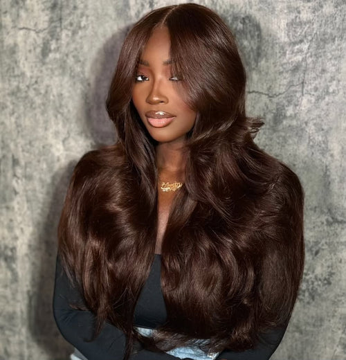 Full 300% Density Layered Cut Dark Brown Body Wave Wear Go Wig 6x4 Lace Front Glueless Colored Wig