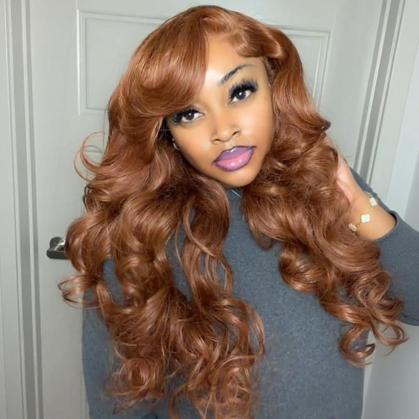 Full 300% Density Cooper Brown Human Hair Glueless Lace Closure/Front Colored Loose Wave Wig