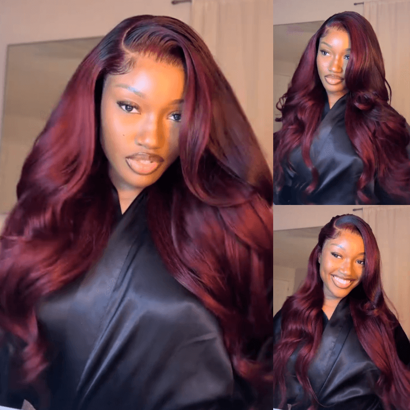 99J Burgundy Red Glueless Wigs 3D Body Wave Colored Lace Front Wig Human Hair