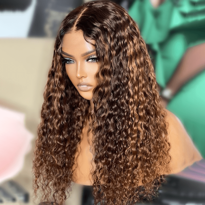 Geeta Honey Blonde Highlight Spanish Curly HD Lace Front Wig Glueless Curly Human Hair Wigs Highlights Brown Wig
