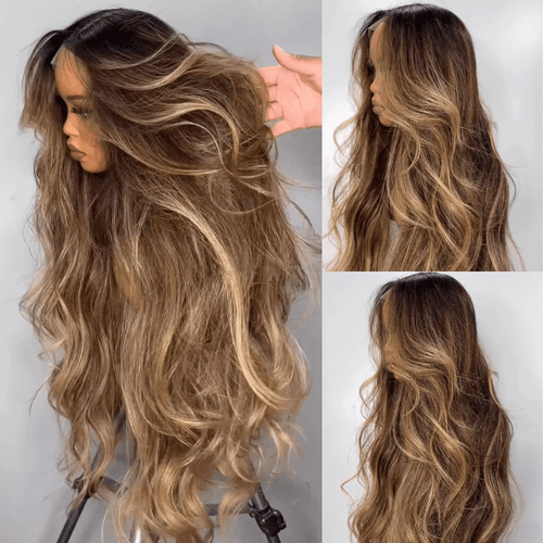 Highlight Blonde Color 13×4 / 7x5 Lace Long Wavy Human Hair Wigs Ombre Blonde Balayage Lace Front Wigs