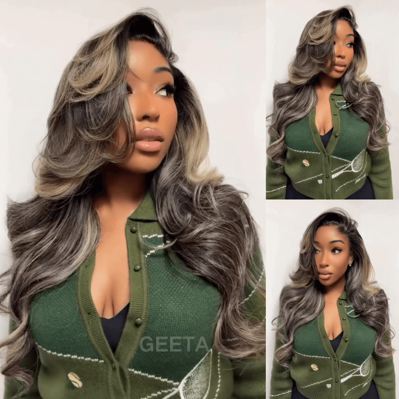 Brown Mixed Golden Color Long Wavy Human Hair Wigs Ombre Brown Balayage Highlight Lace Front Wigs