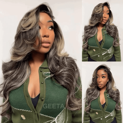 Brown Mixed Golden Color Long Wavy Human Hair Wigs Ombre Brown Balayage Highlight Lace Front Wigs