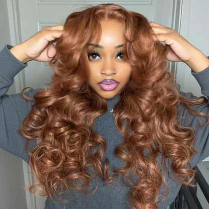 Full 300% Density Cooper Brown Human Hair Glueless Lace Closure/Front Colored Loose Wave Wig