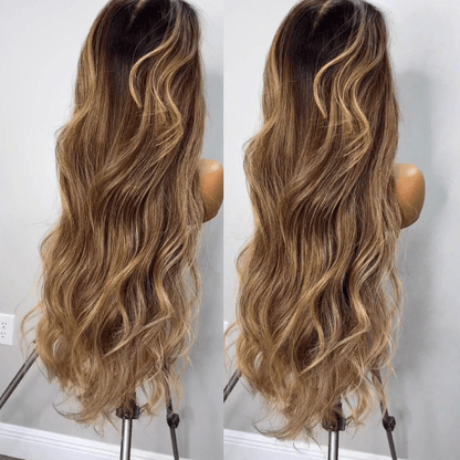 Highlight Blonde Color 13×4 / 7x5 Lace Long Wavy Human Hair Wigs Ombre Blonde Balayage Lace Front Wigs