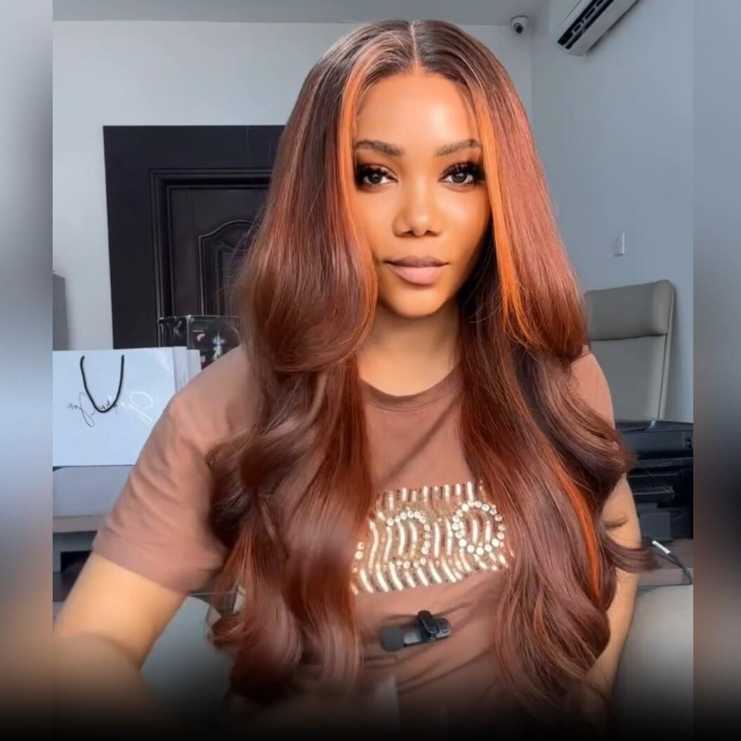 Geeta Dark Brown Highlight Body Wave HD Lace Front Wig Copper Color Face Frame Highlights Human Hair Wigs