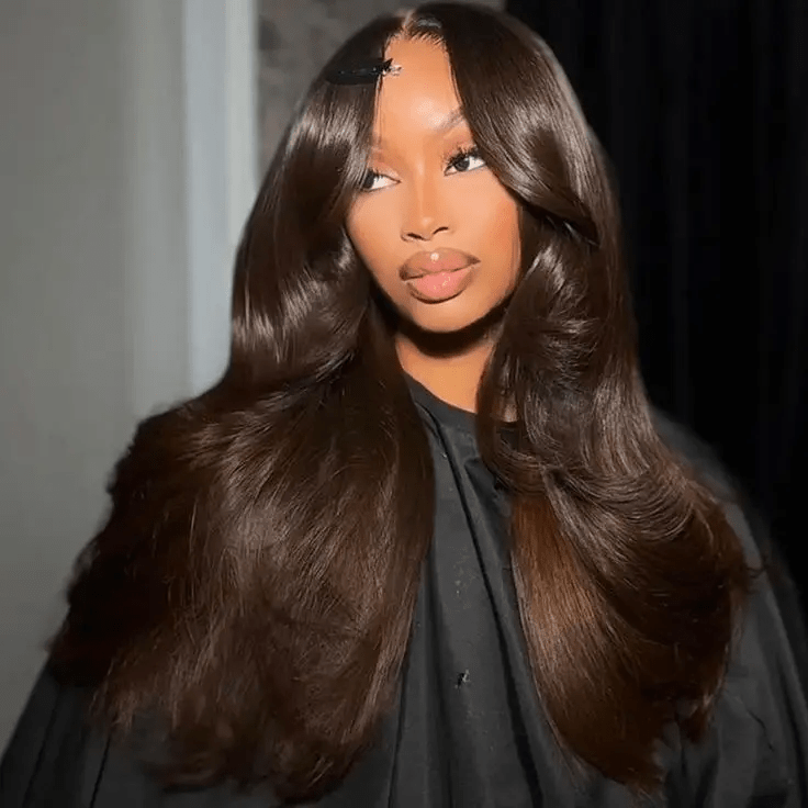 Full 300% Density Layered Cut Dark Brown Body Wave Wear Go Wig 6x4 Lace Front Glueless Colored Wig