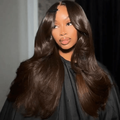 Full 300% Density Layered Cut Dark Brown Body Wave Wear Go Wig 6x4 Lace Front Glueless Colored Wig