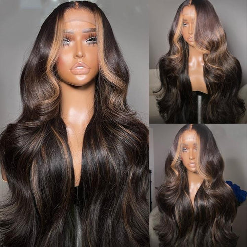 Money Piece Brown Body Wave Transparent Lace Front Wigs Glueless Skunk Stripe Color Human Hair Wigs