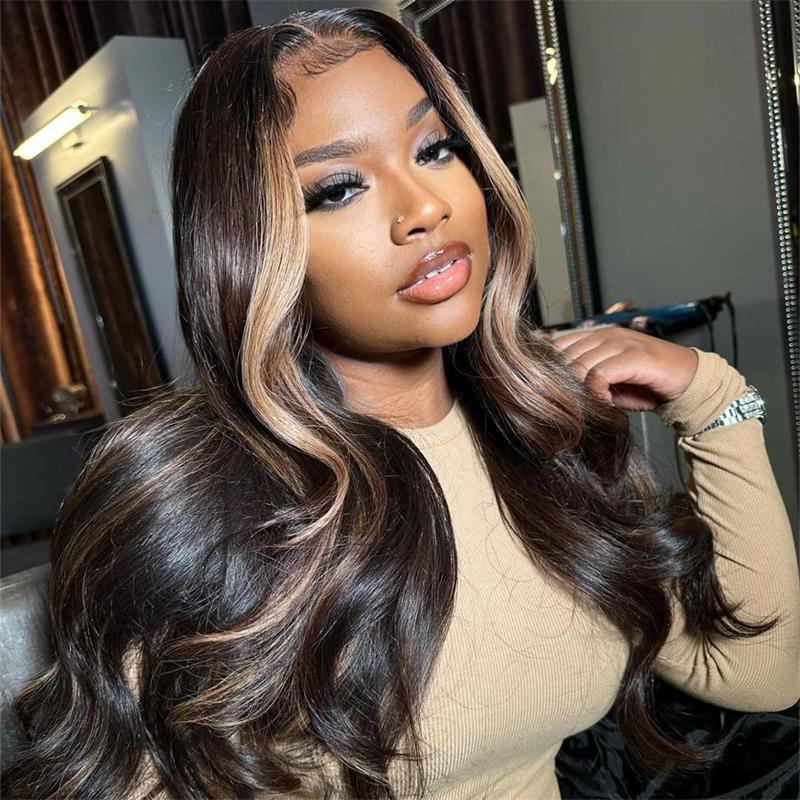 Money Piece Brown Body Wave Transparent Lace Front Wigs Glueless Skunk Stripe Color Human Hair Wigs