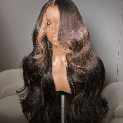 Money Piece Brown Body Wave Transparent Lace Front Wigs Glueless Skunk Stripe Color Human Hair Wigs
