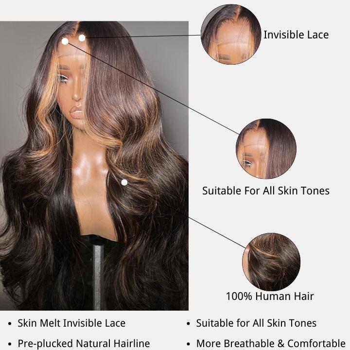 Money Piece Brown Body Wave Transparent Lace Front Wigs Glueless Skunk Stripe Color Human Hair Wigs