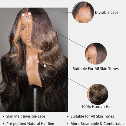 Money Piece Brown Body Wave Transparent Lace Front Wigs Glueless Skunk Stripe Color Human Hair Wigs