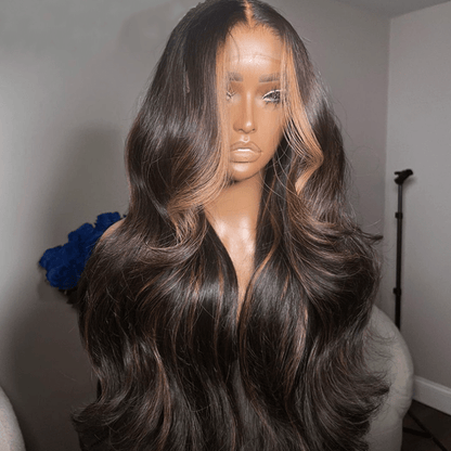 Money Piece Brown Body Wave Transparent Lace Front Wigs Glueless Skunk Stripe Color Human Hair Wigs