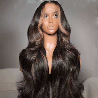 Money Piece Brown Body Wave Transparent Lace Front Wigs Glueless Skunk Stripe Color Human Hair Wigs