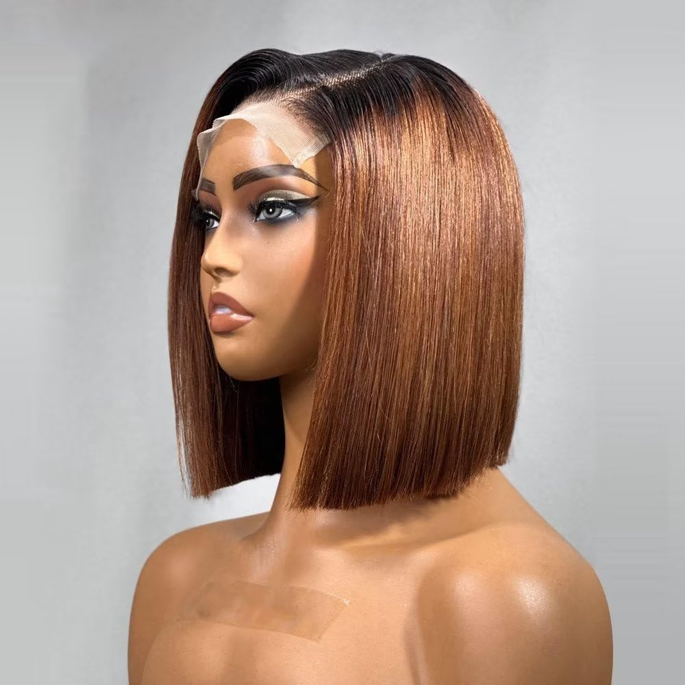 Ombre 1B/30 Brown Short Bob Glueless Wig Straight 13x4 HD Lace Front Human Hair Wigs Flash Sale