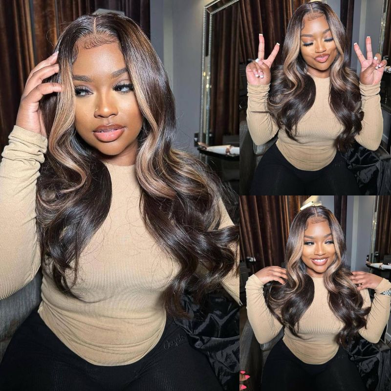 Money Piece Brown Body Wave Transparent Lace Front Wigs Glueless Skunk Stripe Color Human Hair Wigs