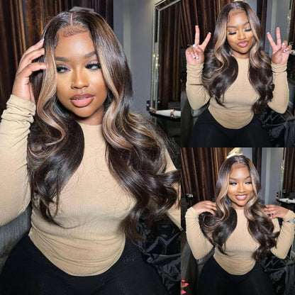 Money Piece Brown Body Wave Transparent Lace Front Wigs Glueless Skunk Stripe Color Human Hair Wigs