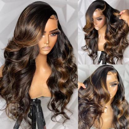Balayage Light Brown Body Wave Glueless Transparent Lace Front Wig Highlight Pre Plucked Hairline Human Hair Wigs