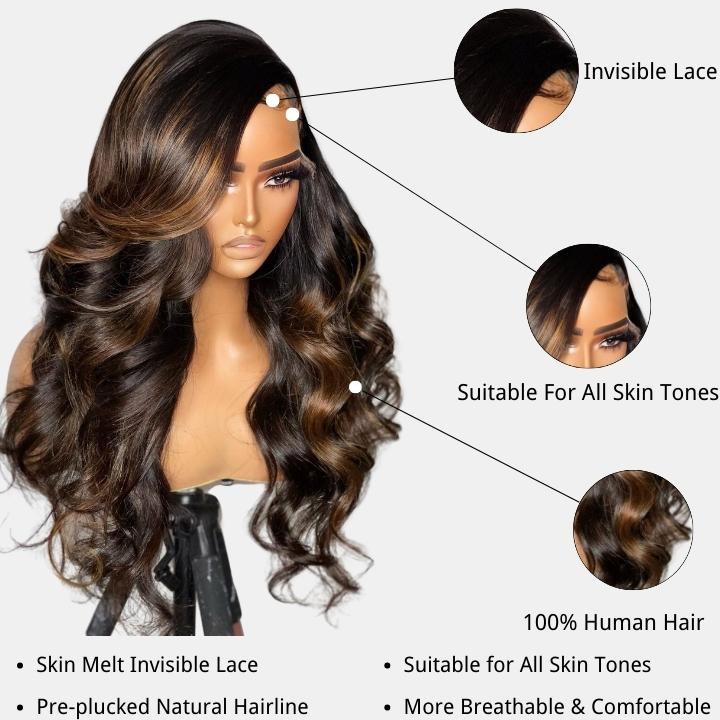 Balayage Light Brown Body Wave Glueless Transparent Lace Front Wig Highlight Pre Plucked Hairline Human Hair Wigs