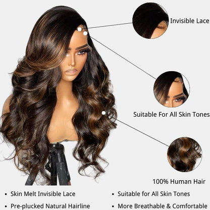 Balayage Light Brown Body Wave Glueless Transparent Lace Front Wig Highlight Pre Plucked Hairline Human Hair Wigs