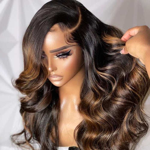 Balayage Light Brown Body Wave Glueless Transparent Lace Front Wig Highlight Pre Plucked Hairline Human Hair Wigs