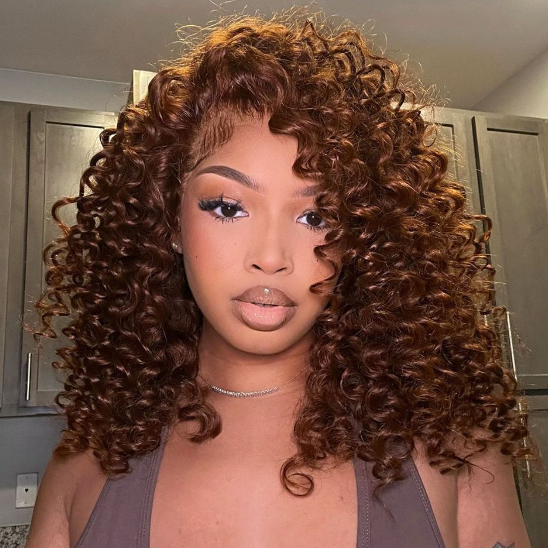 Reddish Brown Ready To Wear Glueless Wigs Bouncy Curl 13x4 Lace Front Human Hair Wig Pre Plucked 250% Density