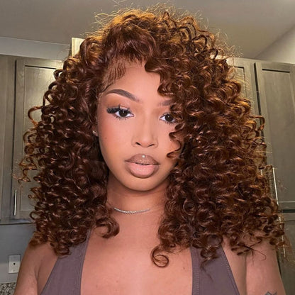Reddish Brown Ready To Wear Glueless Wigs Bouncy Curl 13x4 Lace Front Human Hair Wig Pre Plucked 250% Density