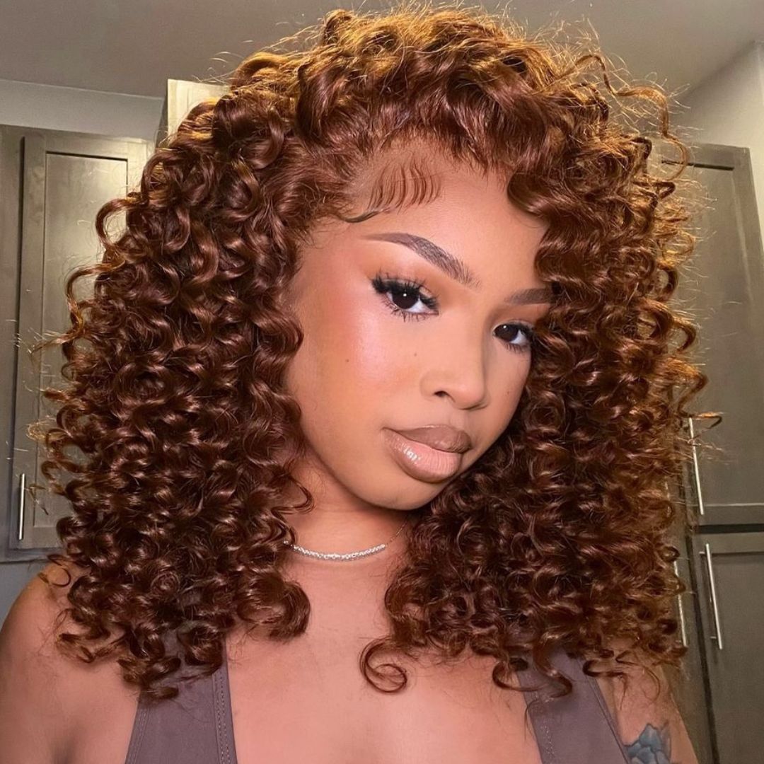 Reddish Brown Ready To Wear Glueless Wigs Bouncy Curl 13x4 Lace Front Human Hair Wig Pre Plucked 250% Density