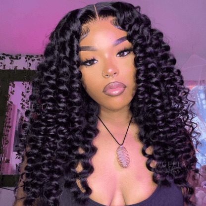Glueless Bouncy Curly Hair 13x4 Transparent Lace Front Wig Pre Plucked Hairline Wand Curl Human Hair wigs-Geeta Hair