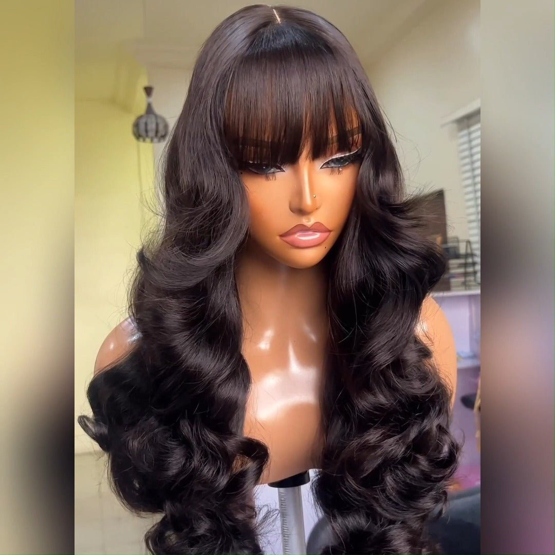 Layer Cut Wigs Put On&Go Body Wave Glueless Wigs 6x4 Human Hair Wig With Bangs