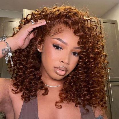Reddish Brown Ready To Wear Glueless Wigs Bouncy Curl 13x4 Lace Front Human Hair Wig Pre Plucked 250% Density
