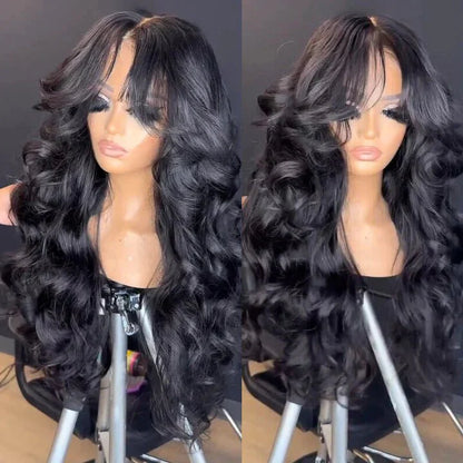 13x4 Lace Loose Body Wave Human Hair Wigs Ocean Wave Lace Front Wigs with Curtain Bangs Full 300% Density