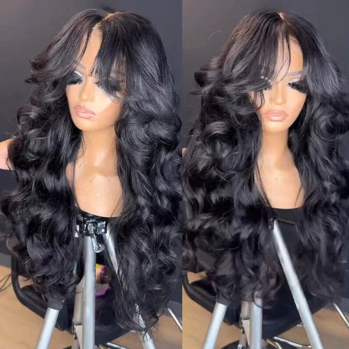 13x4 Lace Loose Body Wave Human Hair Wigs Ocean Wave Lace Front Wigs with Curtain Bangs Full 300% Density