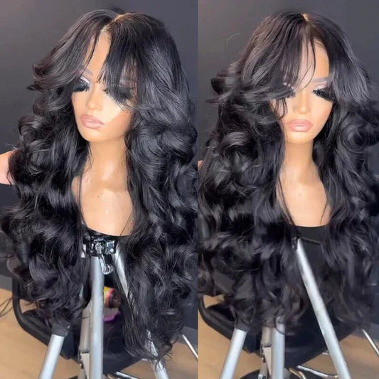 13x4 Lace Loose Body Wave Human Hair Wigs Ocean Wave Lace Front Wigs with Curtain Bangs Full 300% Density