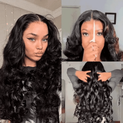 13x4 Lace Loose Body Wave Human Hair Wigs Ocean Wave Lace Front Wigs with Curtain Bangs Full 300% Density