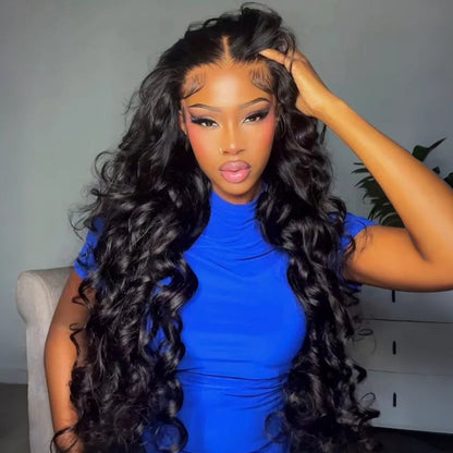 13x4 Lace Loose Body Wave Human Hair Wigs Ocean Wave Lace Front Wigs with Curtain Bangs Full 300% Density