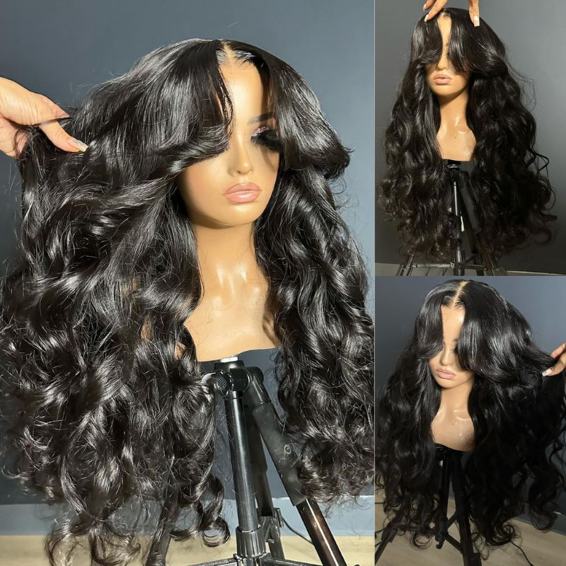 13x4 Lace Loose Body Wave Human Hair Wigs Ocean Wave Lace Front Wigs with Curtain Bangs Full 300% Density