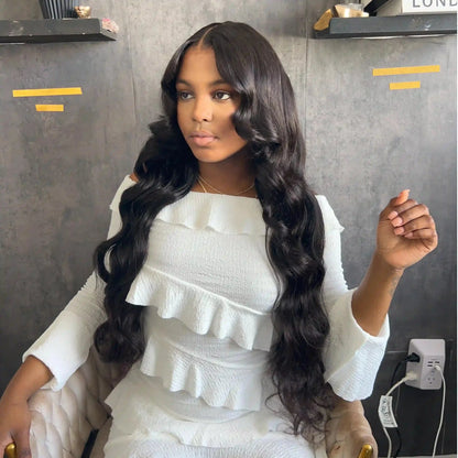 13x4 Lace Loose Body Wave Human Hair Wigs Ocean Wave Lace Front Wigs with Curtain Bangs Full 300% Density