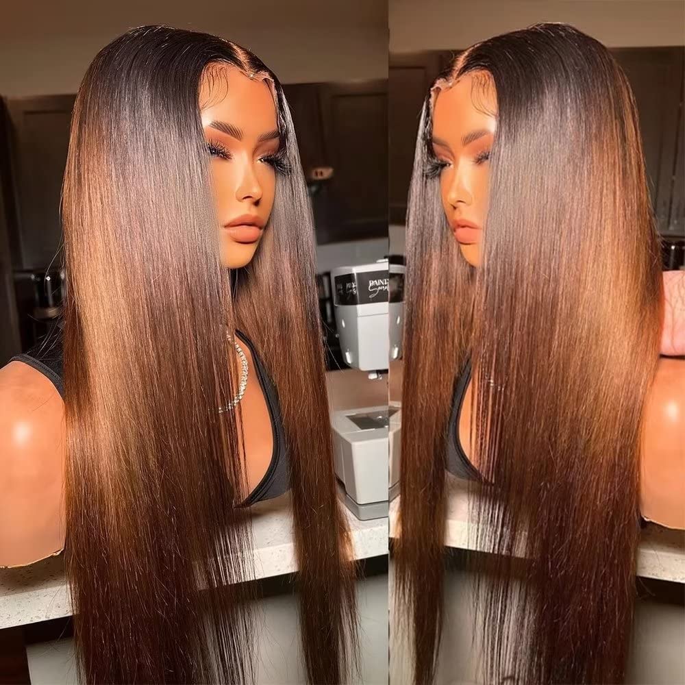 Brown Straight Glueless Wig Ombre 13X4 Lace Front Wig Pre Plucked Hairline Human Hair Wig