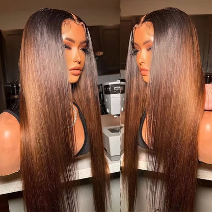 Brown Straight Glueless Wig Ombre 13X4 Lace Front Wig Pre Plucked Hairline Human Hair Wig